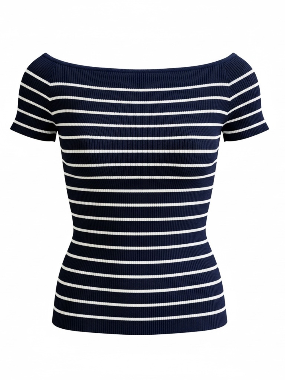 Off-Shoulder Navy and White Striped Knit Top